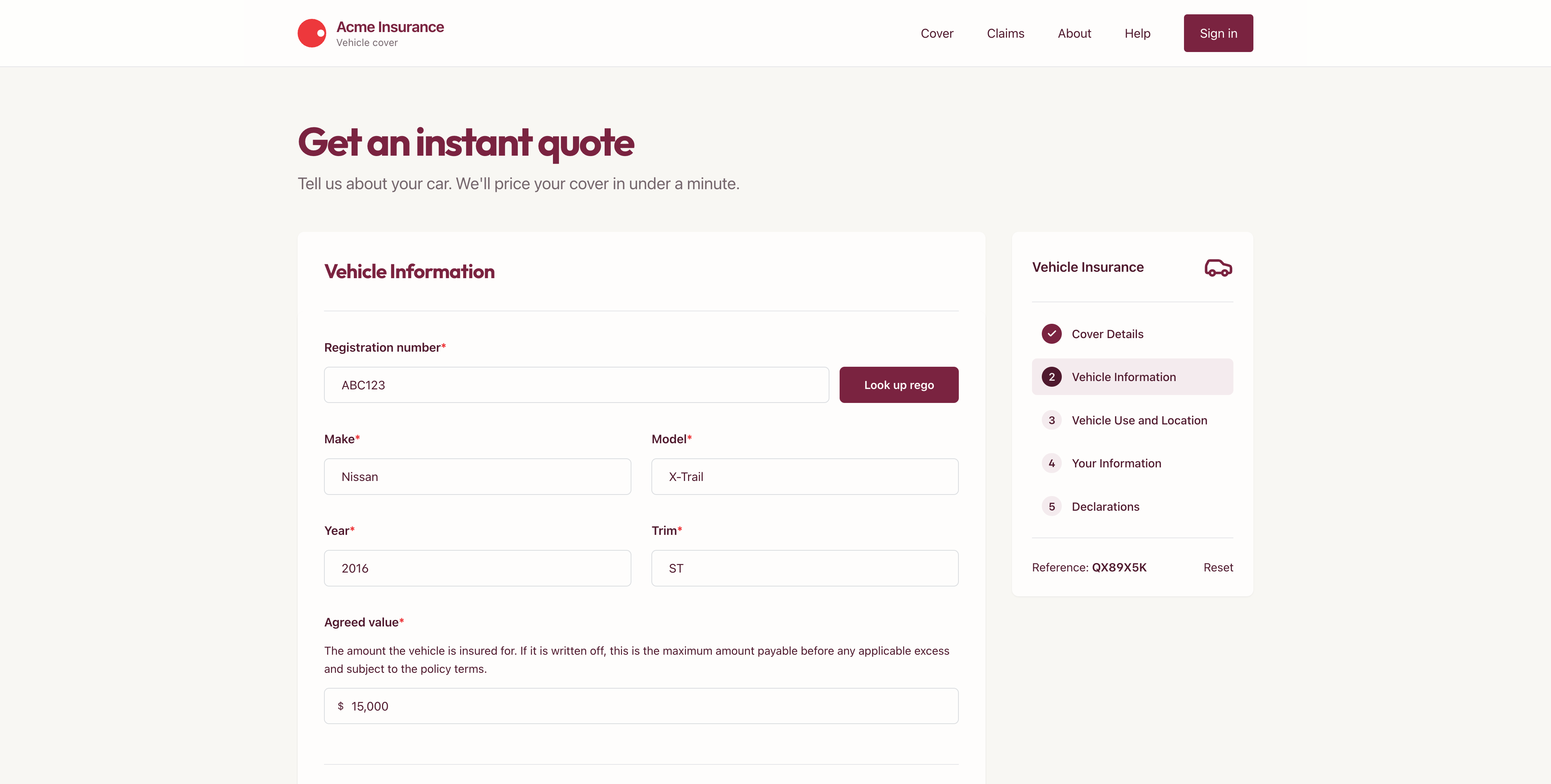 Acme Insurance vehicle quote form showing vehicle information and quote steps
