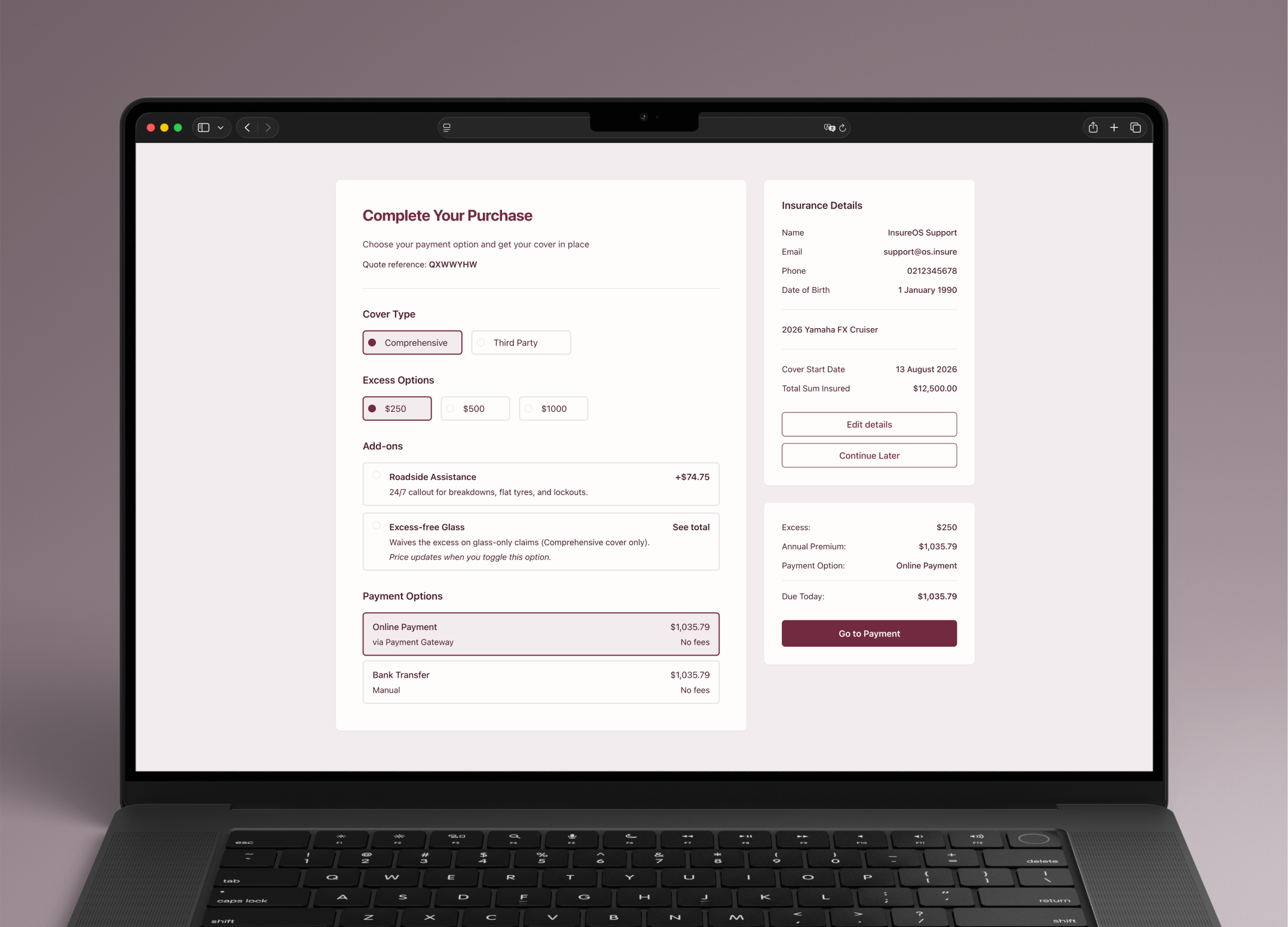 InsureOS checkout interface showing annual card payment, monthly premium funding instalments, and instant policy binding