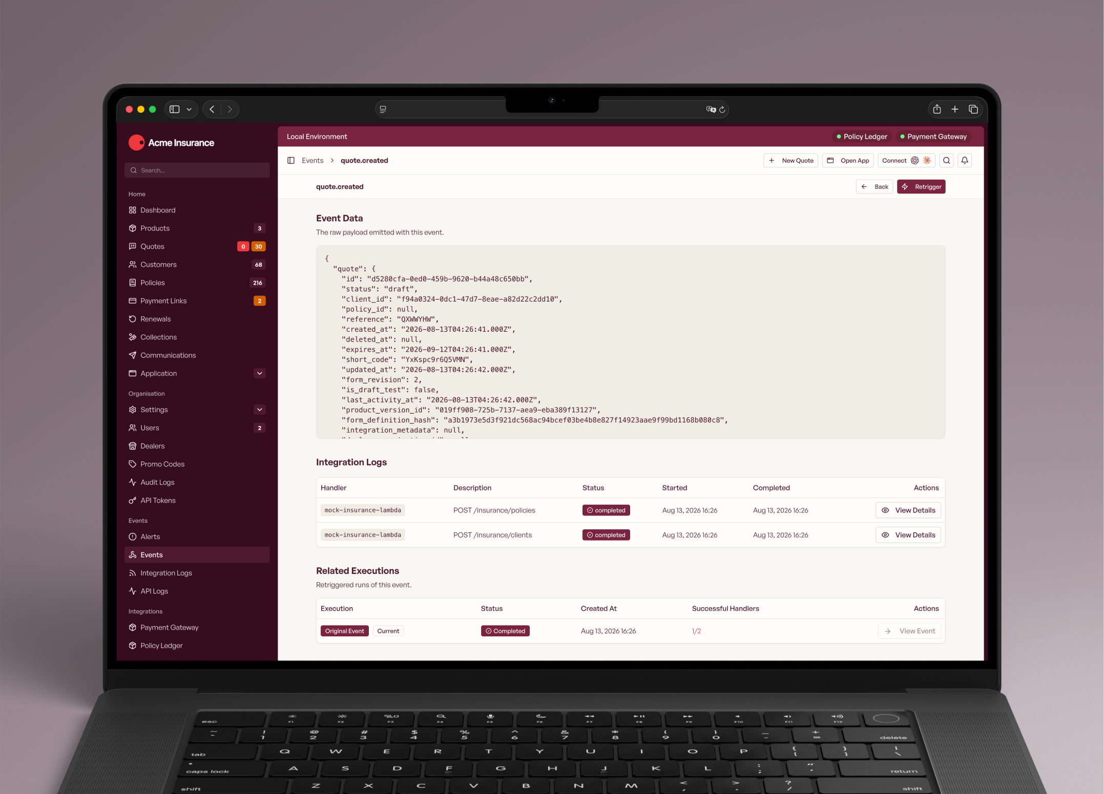 InsureOS event stream inspector displaying structured JSON payloads, HMAC signatures, and webhook delivery status across quote and policy states