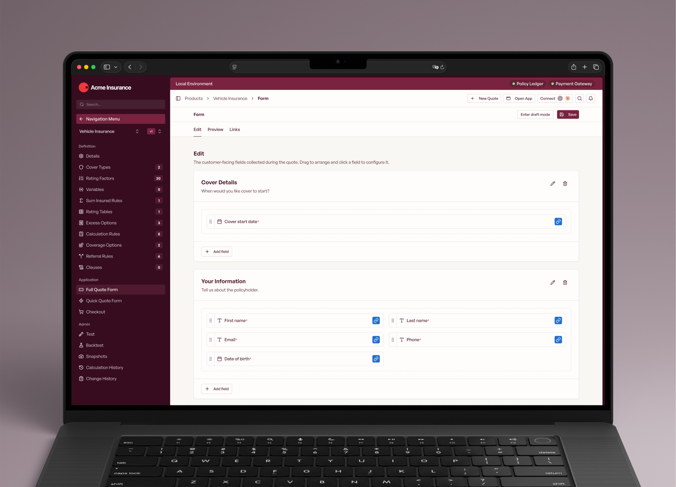 InsureOS form configuration editor in the admin portal displaying field mappings, question ordering, and step groupings