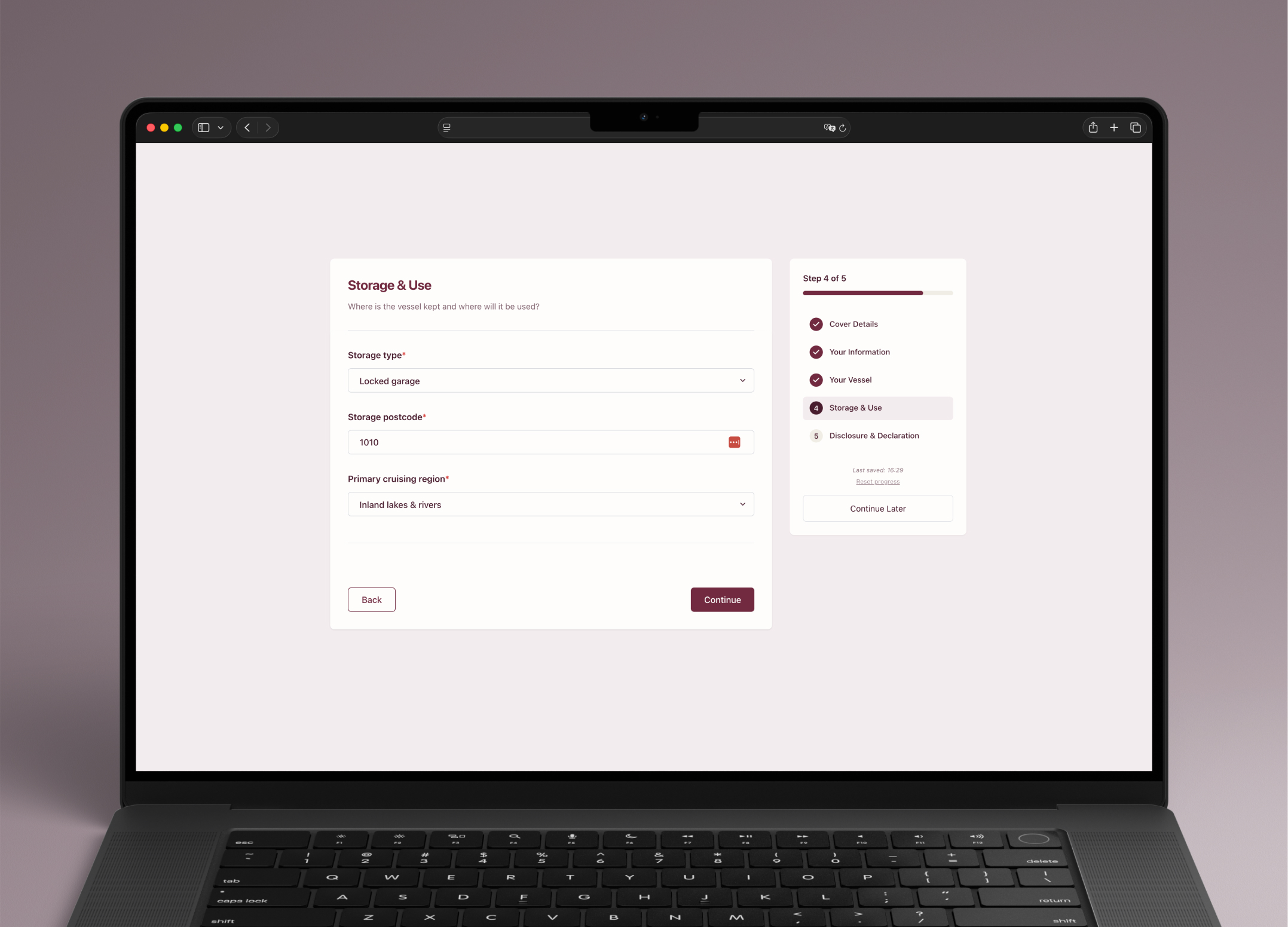InsureOS customer quote form showing vessel storage and use step with postcode and cruising region options