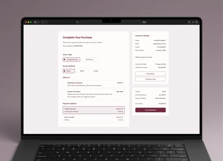 InsureOS checkout screen showing vehicle policy options, excess tiers, add-ons, payment methods, and an insurance details summary.