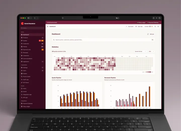 InsureOS Acme Insurance dashboard showing quote, customer, policy, payment link and event navigation alongside quote pipeline and renewal charts.