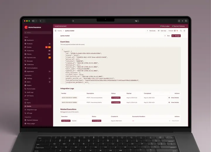 InsureOS event detail screen showing a quote.created payload, integration logs and related event executions.