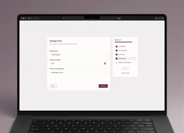 InsureOS customer quote form showing the Storage and Use step with storage type, postcode, cruising region and progress sidebar.
