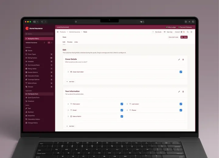 InsureOS vehicle form configuration showing Cover Details and Your Information pages with draggable customer-facing fields.