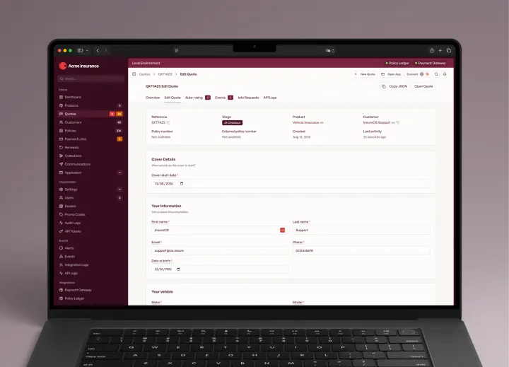InsureOS quote editor showing quote metadata, cover start date, customer details and vehicle form fields.