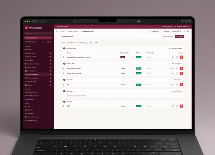 InsureOS vehicle calculation rules screen showing premium, loading, levy, fee and tax rule sections with active rules.