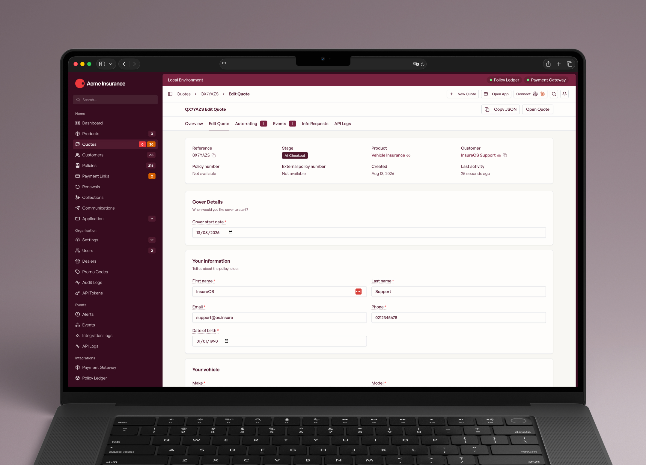 Underwriting policy editor showing renewal premium calculation, factor overrides, and updated schedule terms
